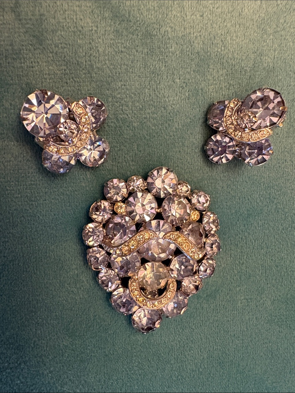 Vintage Signed Eisenberg Crystal Rhodium Brooch Set with Clip Earrings